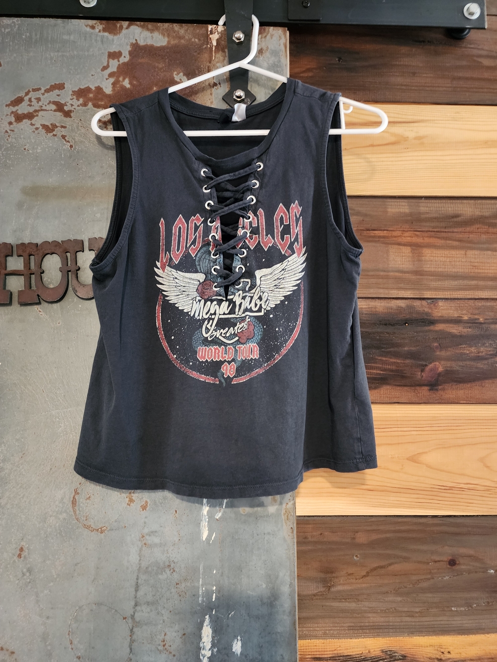 Black Lace-Up Mega Baby World Tour Graphic Tank Top